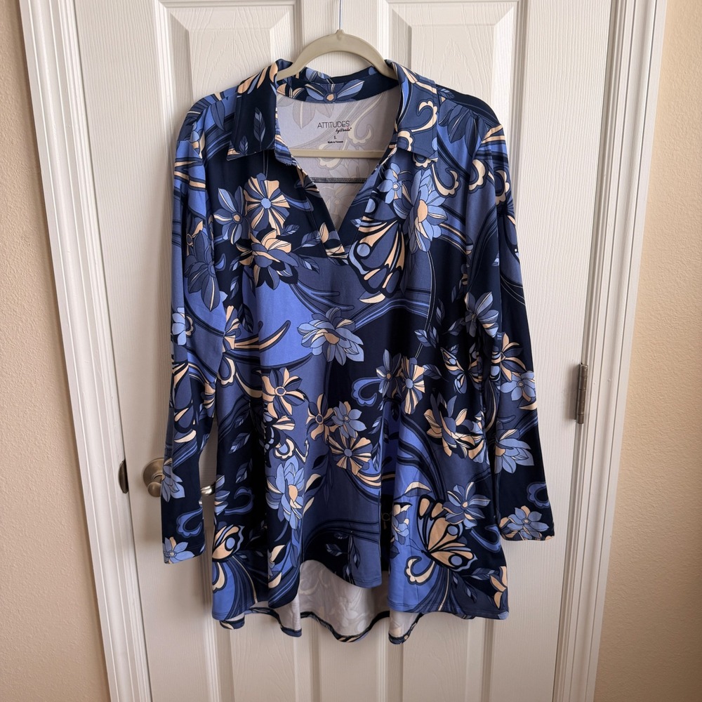 Attitudes‎ by Renee Blue Floral Butterfly Tunic Top V-Neck Long Sleeve Large